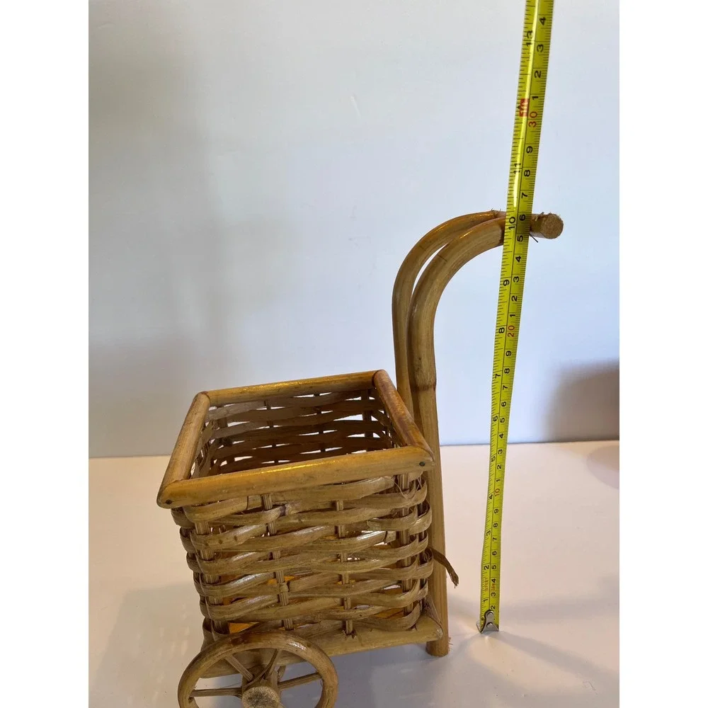 Vintage Wicker Bamboo Mini Push Cart Basket Decorative Planter Rolling Wheels